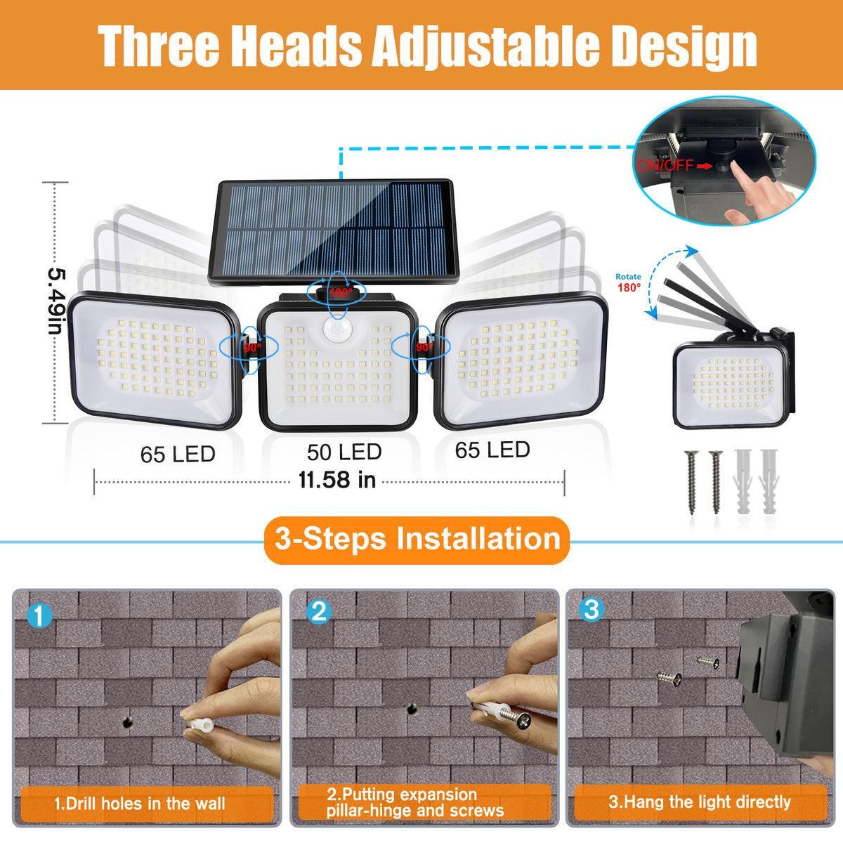 Solar Powered 180 LED Three Head Rotatable Wall Lamp