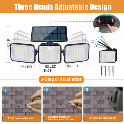 Solar Powered 180 LED Three Head Rotatable Wall Lamp