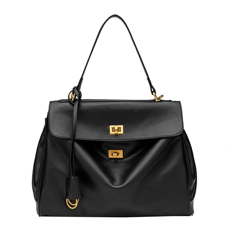 Smooth Calfskin Single-Shoulder Tote Bag with Lock Buckle