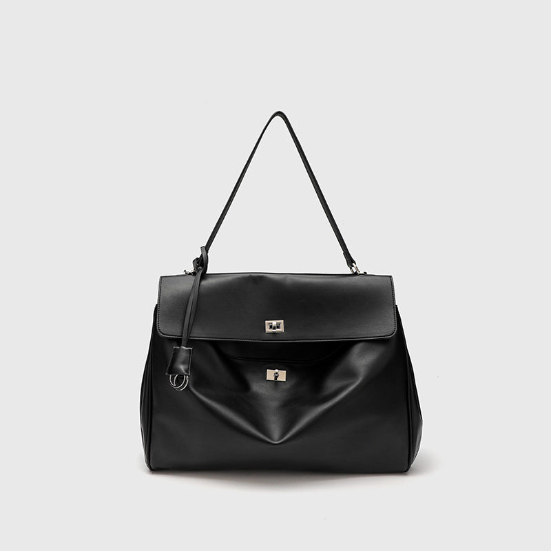 Smooth Calfskin Single-Shoulder Tote Bag with Lock Buckle