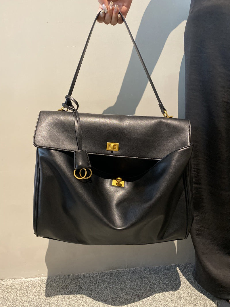 Smooth Calfskin Single-Shoulder Tote Bag with Lock Buckle
